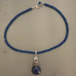 Lapis Necklace with Lapis Garnet Moonstone Pendant